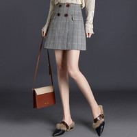 她池2019秋装新女经典格纹高腰双排纽扣装饰包臀a字短款半身裙  T93Z0168A897XL   灰色格子 XL