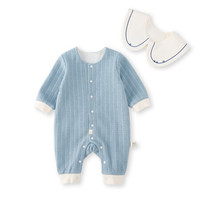 pureborn新生婴儿衣服连体衣男女宝宝秋装长袖假领保暖两件套爬服 浅灰蓝 0-3个月