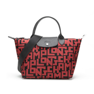 LONGCHAMP 珑骧 2019新品 女士LE PLIAGE LGP系列黑色砖红色字母图案织物中号短柄手提单肩包 1515 412 C09