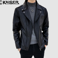 凯撒（KAISER）皮衣 2019秋装新款男士衣服机车风斜门襟皮夹克气质皮衣外套上衣男 516-1-PY19 黑色 L