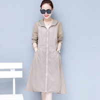 沫欣 2019夏季新品女装风衣女韩版连帽中长款宽松大码透气防晒服薄款外套 zx1AF11-777 卡其色 S