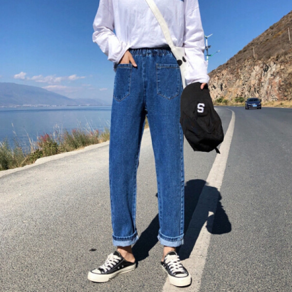 商品沫欣2019夏季新品女装牛仔裤女韩版百搭宽松学生高腰显瘦直筒卷边