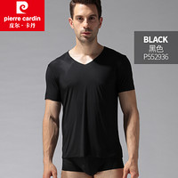 法国皮尔卡丹男士短袖冰丝薄款夏季T恤无痕V领礼盒装休闲打底衫 黑色 XL