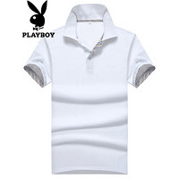 花花公子 （PLAYBOY）T恤 2019夏季新款百搭纯色翻领POLO衫潮流修身男装 白色 3XL