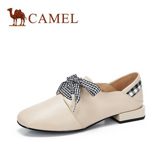 骆驼（CAMEL） 女士 可爱甜美格纹系带方头单鞋 A910076123 米白 38