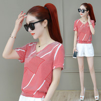 AUDDE 翱笛 T恤女条纹v领雪纺衫女短袖韩版新款百搭修身上衣小衫 GZZ1983 红色 M