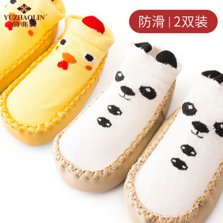俞兆林（YUZHAOLIN）婴儿鞋袜 宝宝防滑地板袜儿童家居室内学步袜套2双装 白色熊猫+黄色小鸡 13CM