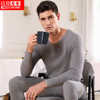 红豆居家新款男士V领秋衣秋裤红豆绒碳刷磨毛色纺无痕保暖内衣套装523 麻灰 180/105