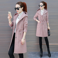 沫欣 风衣女2019秋季新品女装小个子气质女神过膝大衣韩版宽松连帽大衣外套 HZD268-071 粉色 XL