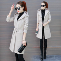 沫欣 风衣女2019秋季新品女装小个子气质女神过膝大衣韩版宽松连帽大衣外套 HZD268-071 灰白色 S