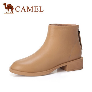 骆驼（CAMEL） 女士 柔软舒适牛皮后拉链粗跟短靴 A940076138 深杏 38