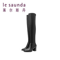 莱尔斯丹 le saunda 商场同款时尚圆头侧拉链高跟长筒过膝长靴 LS 9T70404 黑色羊皮革+合成革 36
