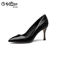 金利来（goldlion）女士蛇皮尖头时尚韩版性感浅口细高跟单鞋8187004010-黑色-35码
