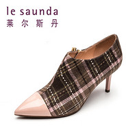 莱尔斯丹 le saunda 时尚休闲尖头拉链拼色格子纹高跟女脚踝短靴 LS 9T67001 粉棕色织物/粉色牛皮革 35