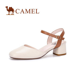 骆驼（CAMEL） 女士 时尚优雅方头中空搭扣粗跟单鞋 A91515673 米色 34