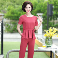 维迩旎 2019夏季新款女装新品中老年妈妈时尚套装短袖夏季T恤裤子两件套 MMJR2464F919 皮红 XXL