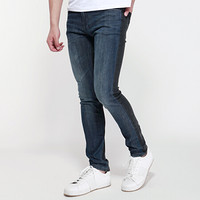 鸭鸭（YAYA）春季新款韩版弹力修身长裤休闲小脚裤男士撞色牛仔裤 藏青 XL