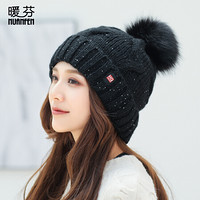 暖芬（NuanFen）帽子女毛线帽冬季潮流针织毛球帽子潮流 CM3028B 红标黑色