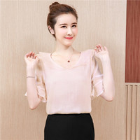曼如芬 洋气雪纺小衫女 夏装新款韩版喇叭袖显瘦很仙的百搭上衣 XRSS9118 杏粉色 M