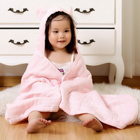 隽优（Covator）婴儿浴巾 素色六层纱布纯棉宝宝儿童可爱带帽浴巾 A类婴幼儿用 13688BT02粉红 65*130cm
