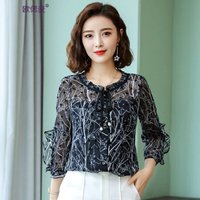 欧偲麦 雪纺衫女短袖女装春款显瘦上衣女夏季蕾丝打底衫女士小衫2019新款百搭SZWY-19A3580 黑色 L
