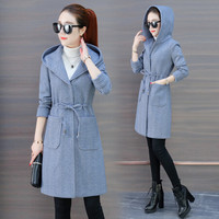 沫欣 风衣女2019秋季新品女装小个子气质女神过膝大衣韩版宽松连帽大衣外套 HZD268-071 蓝色 S