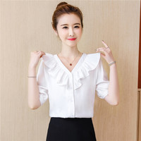 瑜珏（YuJue）百搭显瘦小衫上衣 2019夏季新款韩版很仙的洋气V领短袖雪纺衫女 NSYY8410 白色 L