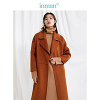 茵曼（INMAN）冬装新款纯色翻领宽松长款双面呢外套大衣女 18842|80143 焦糖色 S