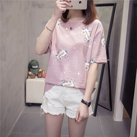 瑜珏（YuJue）加肥加大胖妹妹大码T恤 2019夏季新款韩版时尚百搭宽松休闲上衣 ZLNF8817 粉红色 4XL