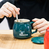 新居意 马克杯咖啡杯陶瓷杯子情侣水杯牛奶杯居家办公室茶杯早餐麦片杯 都市杯 绿色 带盖带勺