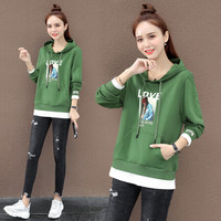 AUDDE 2019秋季新款女装新品卫衣女假两件撞色印花帽衫宽松休闲韩版bf慵懒风上衣 HZ5052-1212 绿色 M