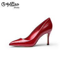 金利来（goldlion）女士蛇皮尖头时尚韩版性感浅口细高跟单鞋8187004800-红色-34码