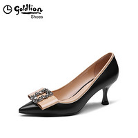 金利来（goldlion）女士尖头浅口单水钻方扣装饰职业工作细高跟鞋69591011901P-黑色-35码