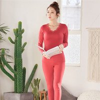都市丽人保暖内衣女19秋冬无缝立体塑型V领中厚款长袖长裤保暖套装2W8112 玫瑰红 XL