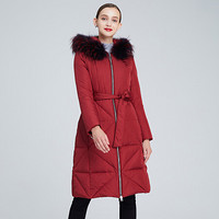 皮尔卡丹（pierre cardin）女羽绒服2019冬季时尚连帽大毛领中长款羽绒服23C1672 酒红色XXL/180