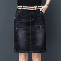 AUDDE 2019秋季新款女装新品牛仔半身裙女高腰a字磨破水洗开叉显瘦包臀黑色一步裙 HZDF11-627 黑色 S/26