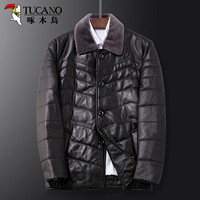 啄木鸟（TUCANO）真皮皮衣男士2019冬季新款时尚短款简约保暖夹克男装外套 黑色 2XL