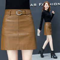 丽乔 2019春夏新款女装新品新品半身裙女港味pu小皮裙高腰ins超火的A字包臀休闲短裙 GZZ92015 卡其色 XL