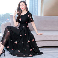 瑜珏（YuJue）优雅气质女短袖连衣裙 2019夏季新款碎花雪纺修身显瘦大摆裙 NRHQ2101 黑色 XL