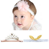 欧育 婴儿发带儿童皇冠头饰可爱公主宝宝头花B1017黄粉金三件套