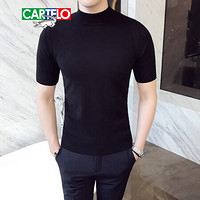 卡帝乐鳄鱼（CARTELO）短袖针织衫男半高领纯色休闲毛衣2019年秋季新款轻薄保暖打底衫修身线衣 黑色 XL