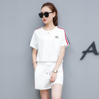 沫欣 2019夏季新品女装T恤女时尚学生纯色百搭短袖T恤衫配休闲运动短裤两件套装女 cchYHQ253 白色 L