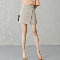 她池2019秋装新款女装通勤高腰叠层经典格纹短款a字半身裙 T93Z2240A81M 卡其色 M