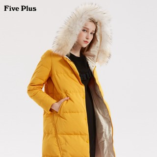 Five Plus 貉子毛领厚女中长款连帽外套大衣长袖羽绒服
