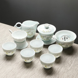 苏氏陶瓷 SUSHI CERAMICS）茶具套装手工描金影青宁静致远配小杯茶洗带礼盒精品陶瓷茶具组（盖碗）