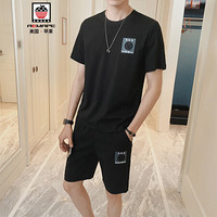 AEMAPE/苹果 短袖T恤 男套装男士圆领短袖青年运动两件套装韩版T恤男修身衣服男装 黑色 XL