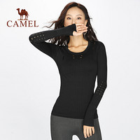 骆驼（CAMEL）瑜伽服上衣19年新款运动健身服女镂空美背长袖t恤透气圆领显瘦跑步服 黑色