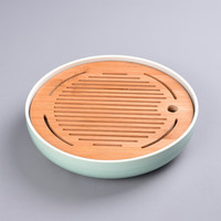 养茗轩 茶盘茶托 功夫茶具陶瓷干泡茶盘 日式圆形家用竹托盘 风调雨顺竹木青瓷蓄水托盘