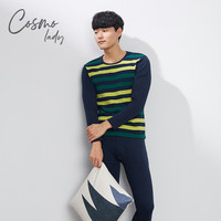 都市丽人保暖内衣套装男士 2019秋冬新款条纹长袖棉质圆领保暖套装4W6102 宝蓝撞绿 L
