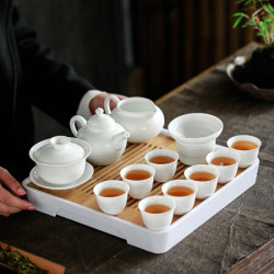 苏氏陶瓷 瓷为器，匠于心—白瓷功夫茶具 茶壶+三才盖碗 竹面储水式茶盘套组